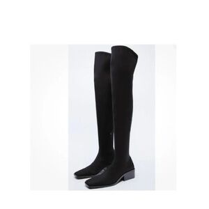 NEW ZARA SATIN STRETCH FITTED OVER THE KNEE BLACK BOOTS 38
